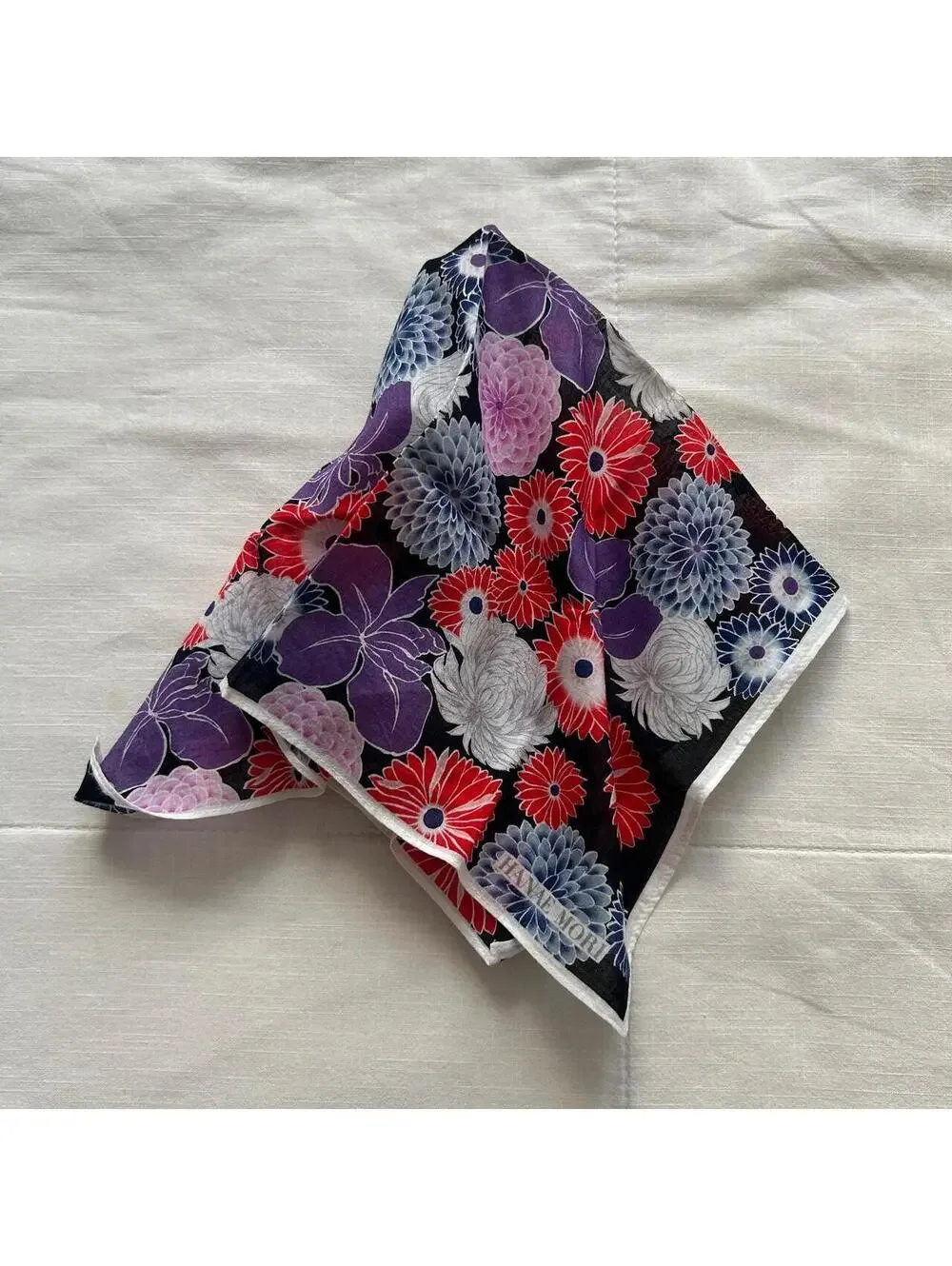Black Floral Bandana Chrysanthemum Botanical Print Purple Red Scarf